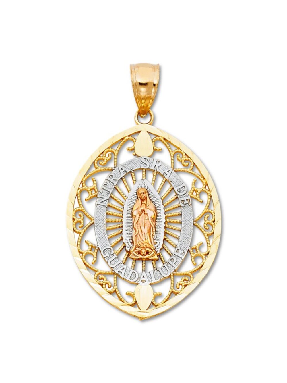 14K Tri-Color Gold Our Lady of Guadalupe Pendant By Tehrani Jewelry